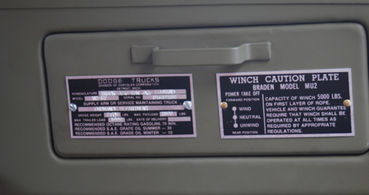 Data plates on the glove box of a WWII command car.