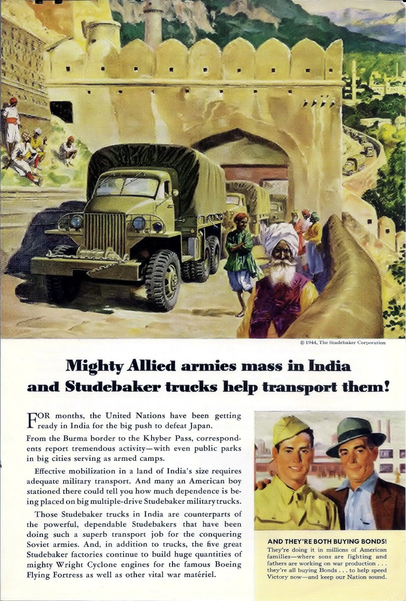 Ad from 1945 promoting the use of Studebaker trucks in the India.