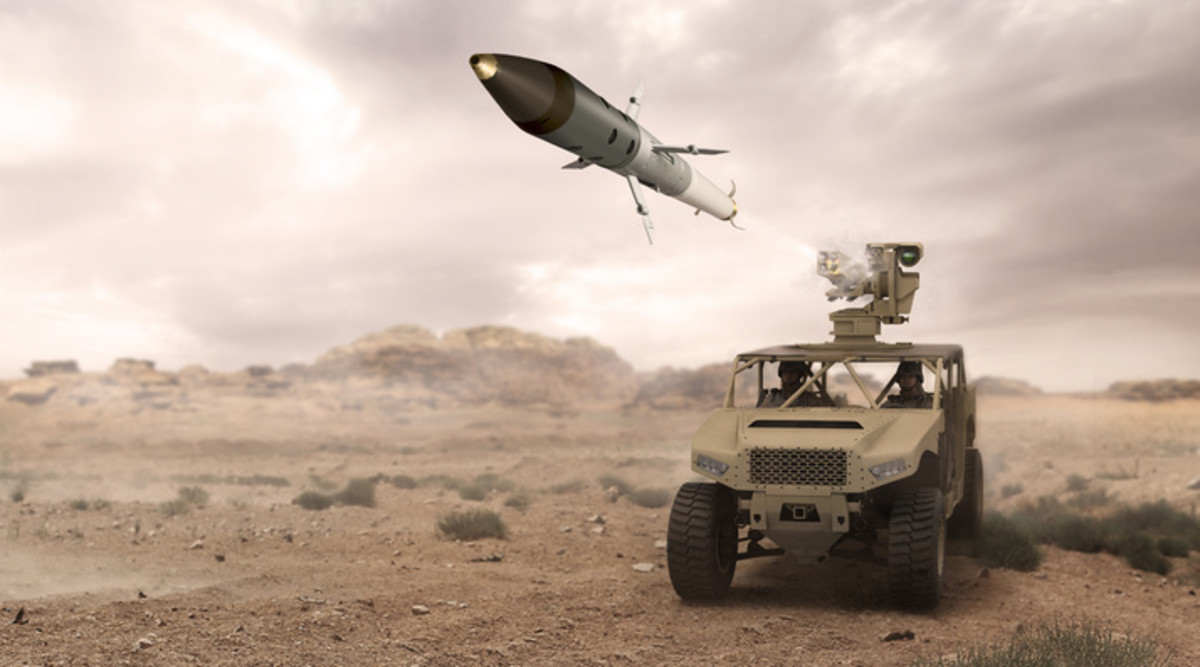 Artist's concept of a vehicle-mounted launch of an APKWS laser-guided rocket.