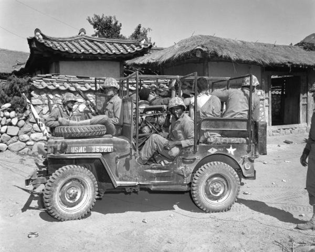 USMC Holden-style jeep evacuating wounded from aid station to 1st Marine receiving hospital in Seoul, Korea, October 1, 1950.