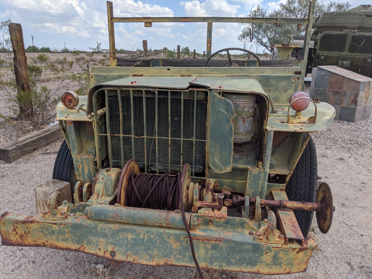 John King wrote, "This GTB is on display at Bouse, Arizona. Bouse, has a close association with the Desert Training Center, as nearby Camp Bouse is where testing and training for the highly classified Canal Defense Lights took place.. It is unclear whether this GTB is a DTC leftover or a surplus post-war workhorse. The Bouse rest stop is an interesting and informative break from driving."