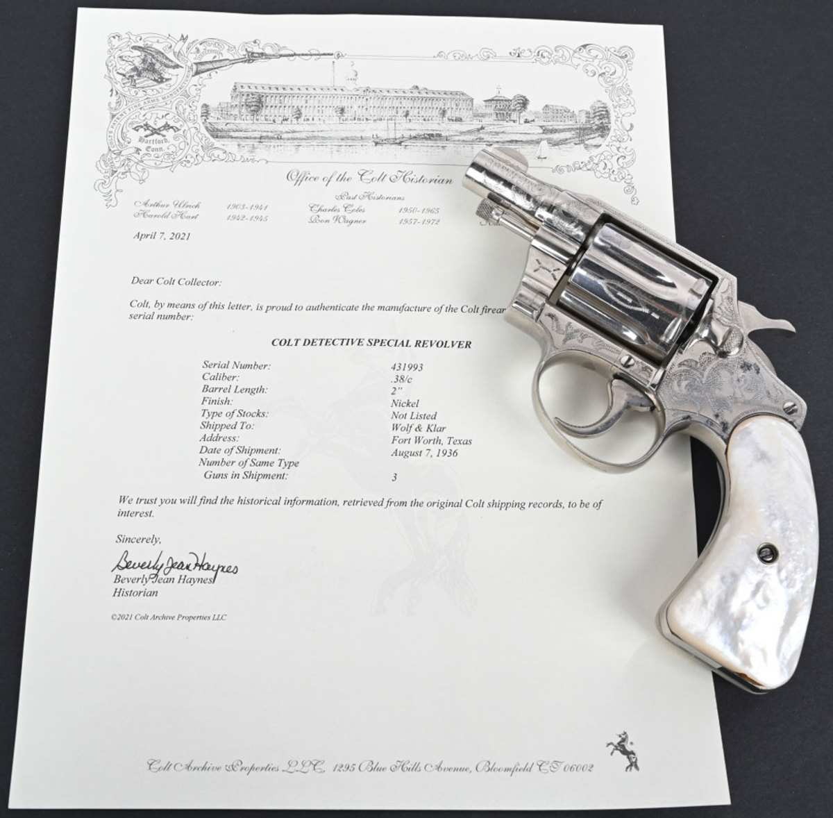 Engraved pre-WWII .38 Special ‘Detective’ with accompanying factory letter stating the arm was sent to the famous Fort Worth, Texas dealership Wolf & Klar on August 7, 1936. Highest-quality decoration includes genuine ruby eyes embedded into the steer head that features prominently on the pearl grips.