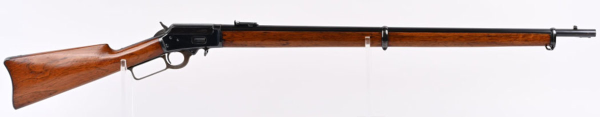 Very fine Marlin Model 94 musket from Bureau County, Ill., caliber .38-.40 WCF, manufactured in 1894. Reported to be one of 80 muskets shipped for prison/jail security in Bureau County, and in some cases for emergency use by deputized county residents