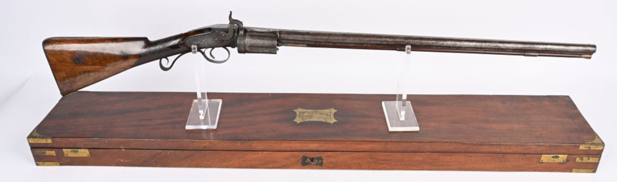 Rare, cased Elisha Collier revolving rifle, .58 rifled caliber, manufactured circa 1820 in London. Five-shot manually rotated cylinder with full ribbed barrel and percussion ignition. Extremely rare and soon to be featured in a Frank Graves treatise on Collier Firearms