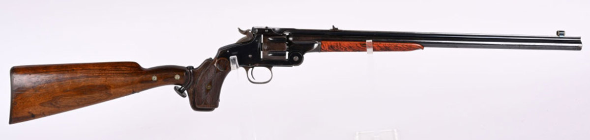 Rare Smith & Wesson 320 revolving carbine with 18-inch barrel, serial number 336, manufactured 1879-1887, total production run of only 977 examples.