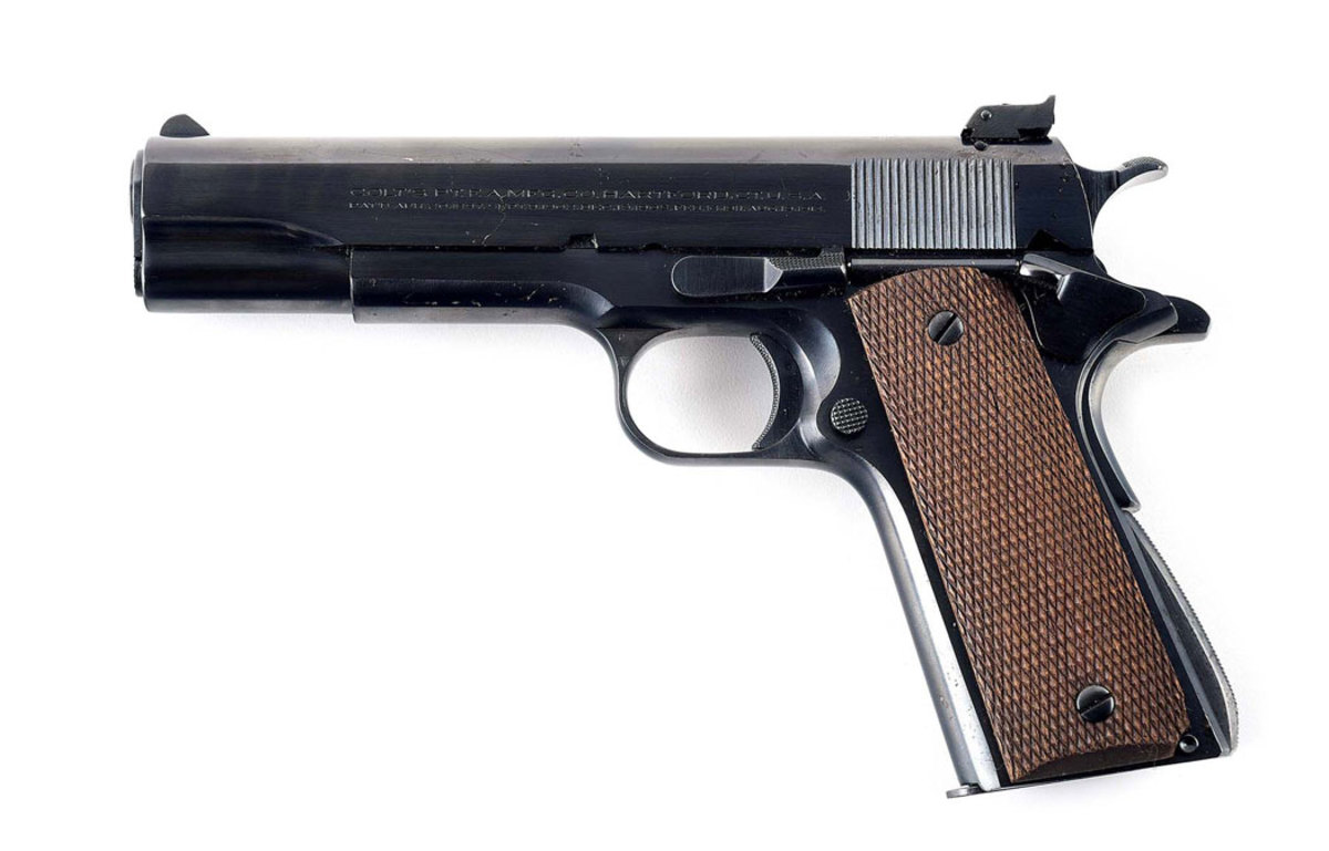 Colt National Match Government Model 1911 pistol that shipped in 1937, listed by serial number on Page 54 of Timothy J. Mullin’s ‘American Beauty,’ the definitive book about this type of gun. High-condition example.