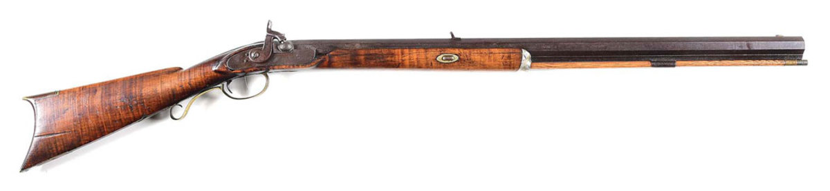 Circa-1850 .45 caliber percussion Plains rifle attributed to Jacob Hawken, St. Louis, Mo. Hang states rifle is illustrated in John Baird book ‘Fifteen Years In The Hawken Lode.’