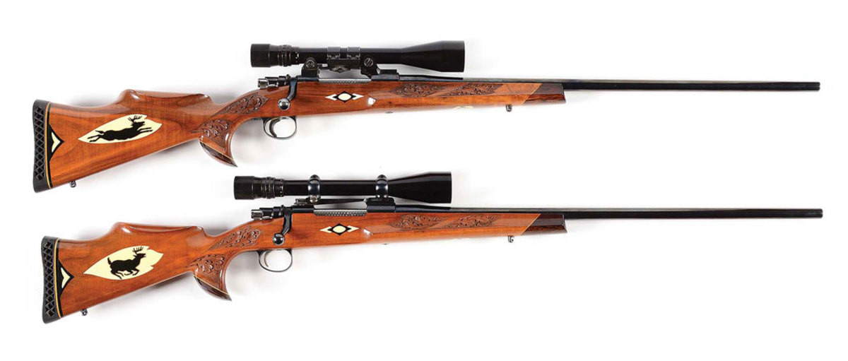 Lot of two consecutively serial-numbered Winslow Arms Co. (Osprey, Fla.) Crown Grade bolt-action rifles in production between 1962-1983. Very ornately carved and inlaid with images of striding and trotting deer, respectively. Each fitted with Bausch & Lomb Balvar 2.5-8x scope.