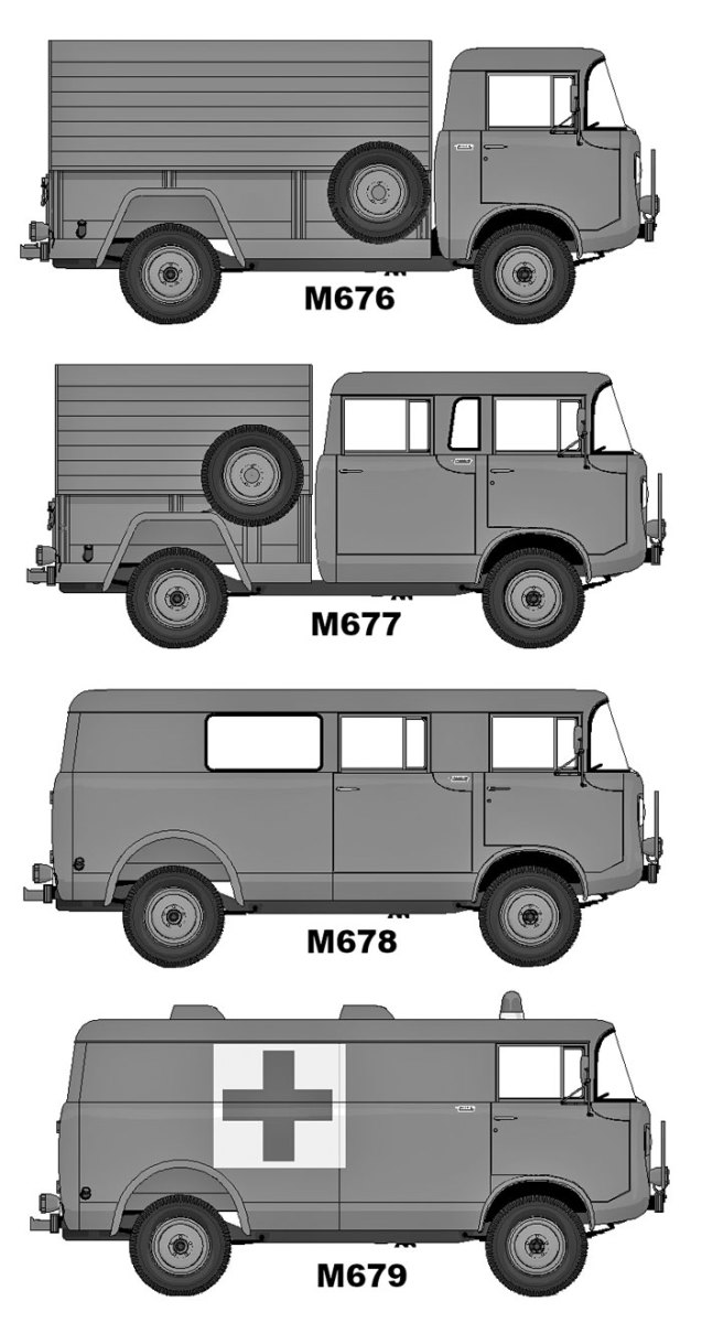There were four basic military FC models: the M676, which was almost identical to the civilian FC-170 pickup. Then there was the M677, which was a crew cab pickup. Many of the pickup models were fitted with corrugated metal bed covers. There was also the M678, which was a van/carryall with windows, and the M679, which was usually an ambulance but could also be a utility van without windows. There also were several minor variants, such as two-door carryalls. I Oddly, Willys doesn’t seem to have offered the crew-cab or van FC models to the civilian market to any notable extent.