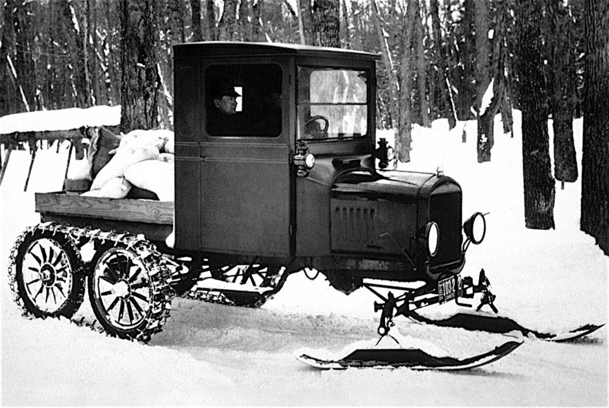 There were kits for the Model-T Ford to convert it to a half-track “Snow Flyer.” Mack Truck also offered a “snow-flyer” conversion kit, and both were used by the U.S. Postal Service as rural mail carriers during the winter months.