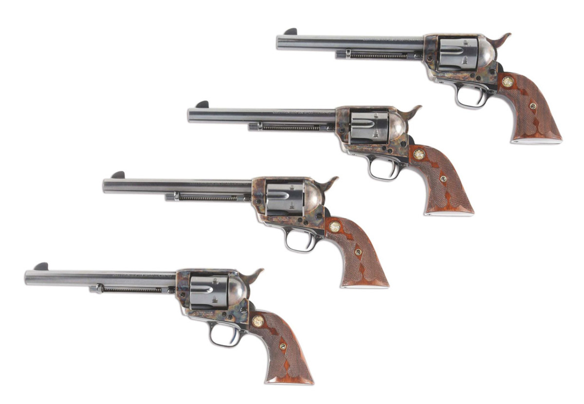 Set of four near-mint Colt single-action Army ‘Frontier Six Shooter’ .44-40-WCF Revolvers, all from same 1923 shipment of four. Known as ‘Family Reunion’ guns, referring to title of 1976 ‘Arms Gazette’ article co-authored by Ron Graham and Mel Guy. Accompanying documents include two Colt letters. Provenance: Mel Guy collection.
