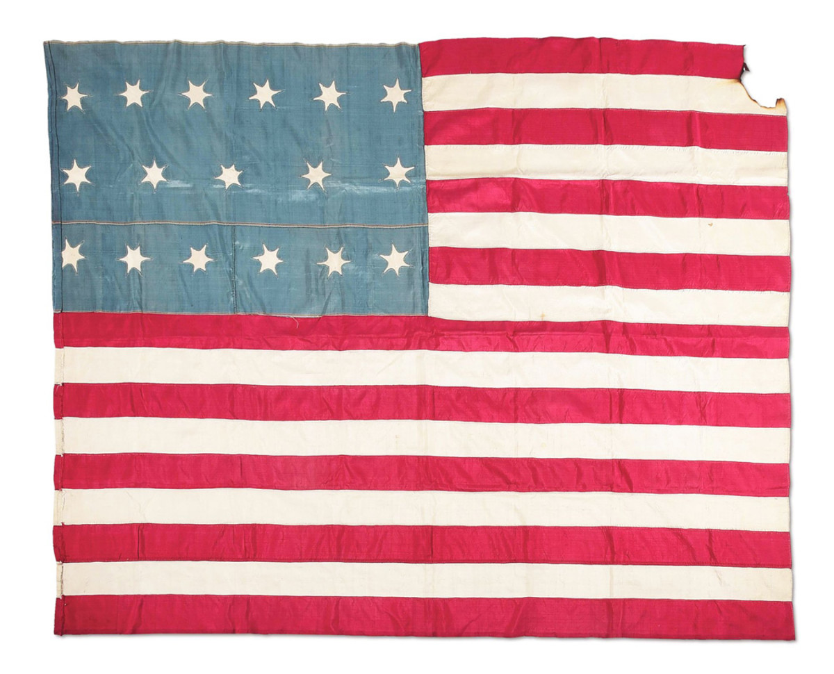 Extremely rare 17-star, 17-stripe U.S. flag with impeccable provenance from descendants of American naval hero Stephen Decatur Jr (1779-1820), who famously risked his life to avenge the death of his brother, Lt. James Decatur, following an 1804 U.S. attack on Barbary pirates’ ships in Tripoli harbor. Flag’s pattern, dating 1804-1812, coincides with period during with Stephen Decatur Jr was active in the US Navy.