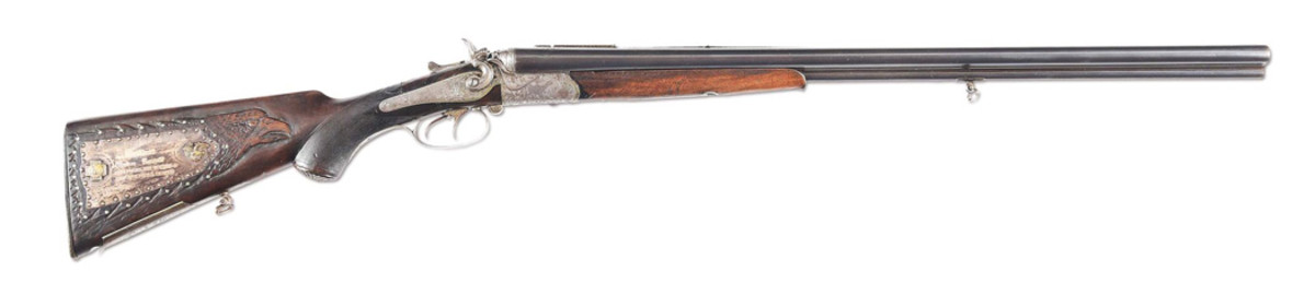 Historic presentation drilling (three-barreled combination rifle/shotgun) manufactured by C Bartels & Buttner, with custom case, given to Theodore Roosevelt in 1905 by United Spanish War Veterans of Pueblo, Colorado, Camp 3. Returned by his widow, Edith, to the veterans camp for enshrinement in 1919 following Roosevelt’s death.
