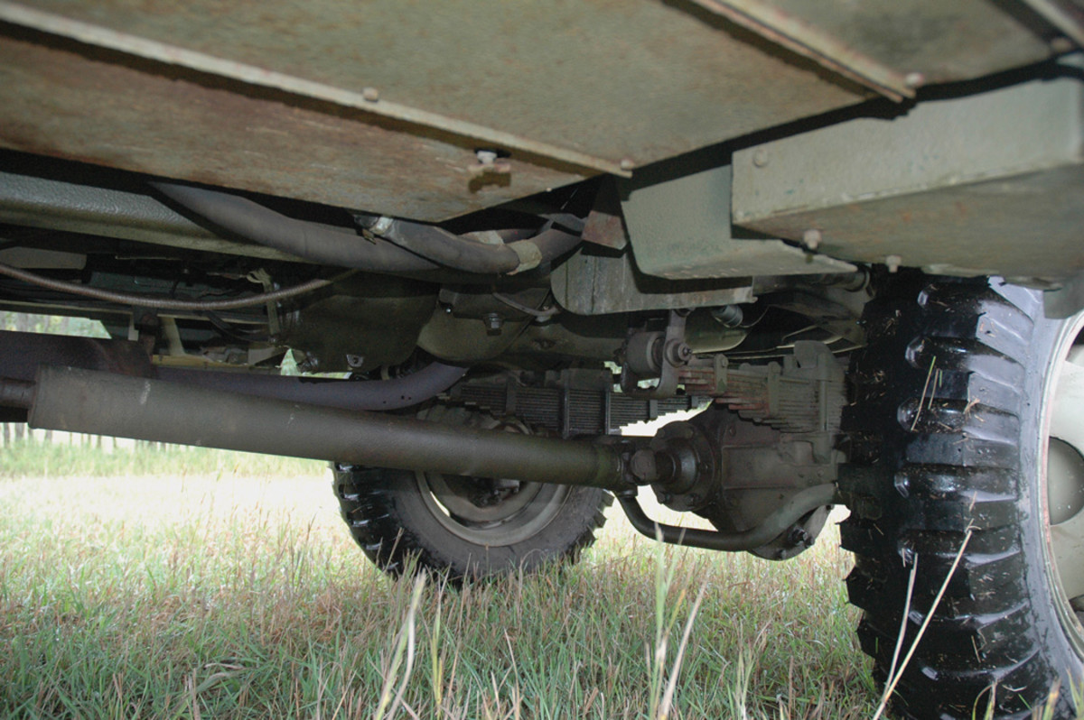 The underside of the AFKX-352 is observed from the rear of the right front tire, including the front axle, the Timken F-30-B-28-H-X-21; the tie rod; the forward drive shaft; the leaf springs; and parts of the engine and the exhaust lines.