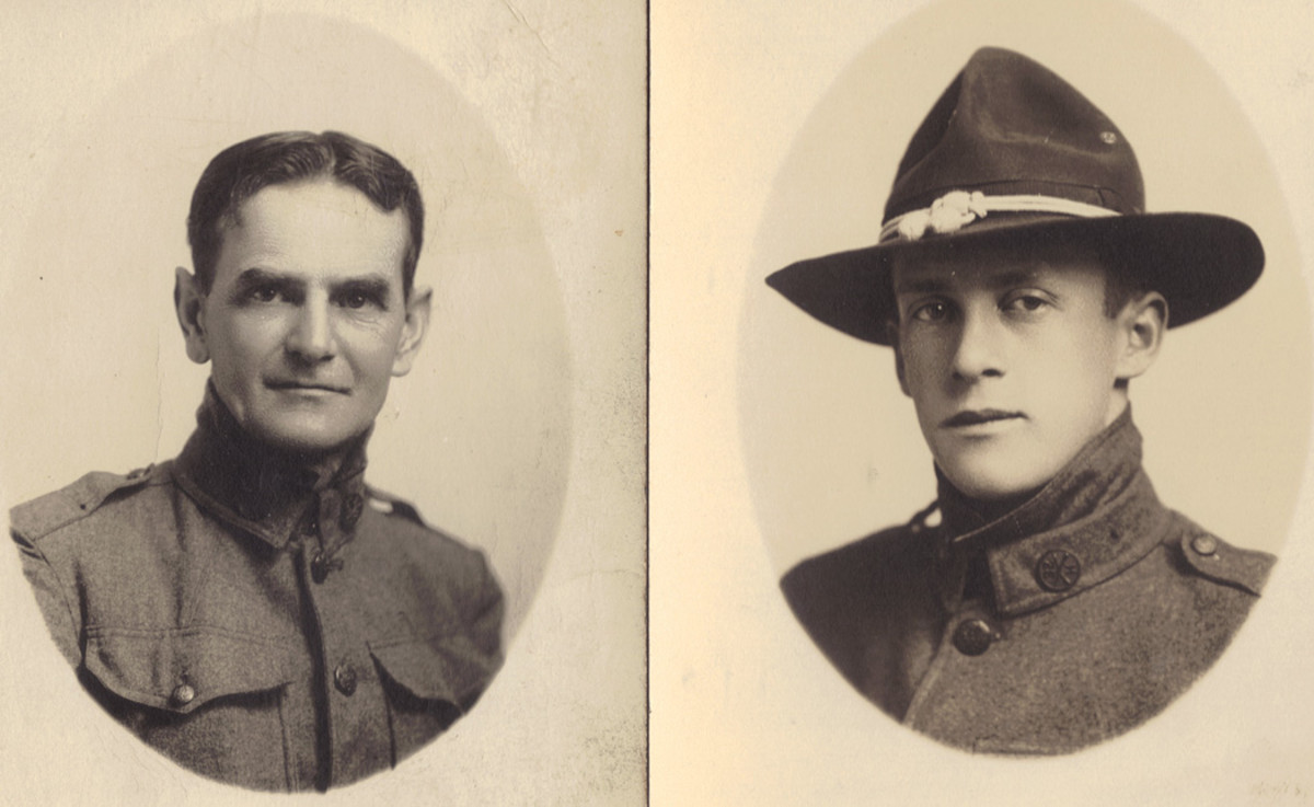 Two portraits of soldiers from Company H, 32nd Infantry Regiment/16th Division at Camp Kearny, California. Also of interest: They are wearing uniforms with the pre-war style “stand and fall” collars, and the soldier on the right has his collar disk sideways.