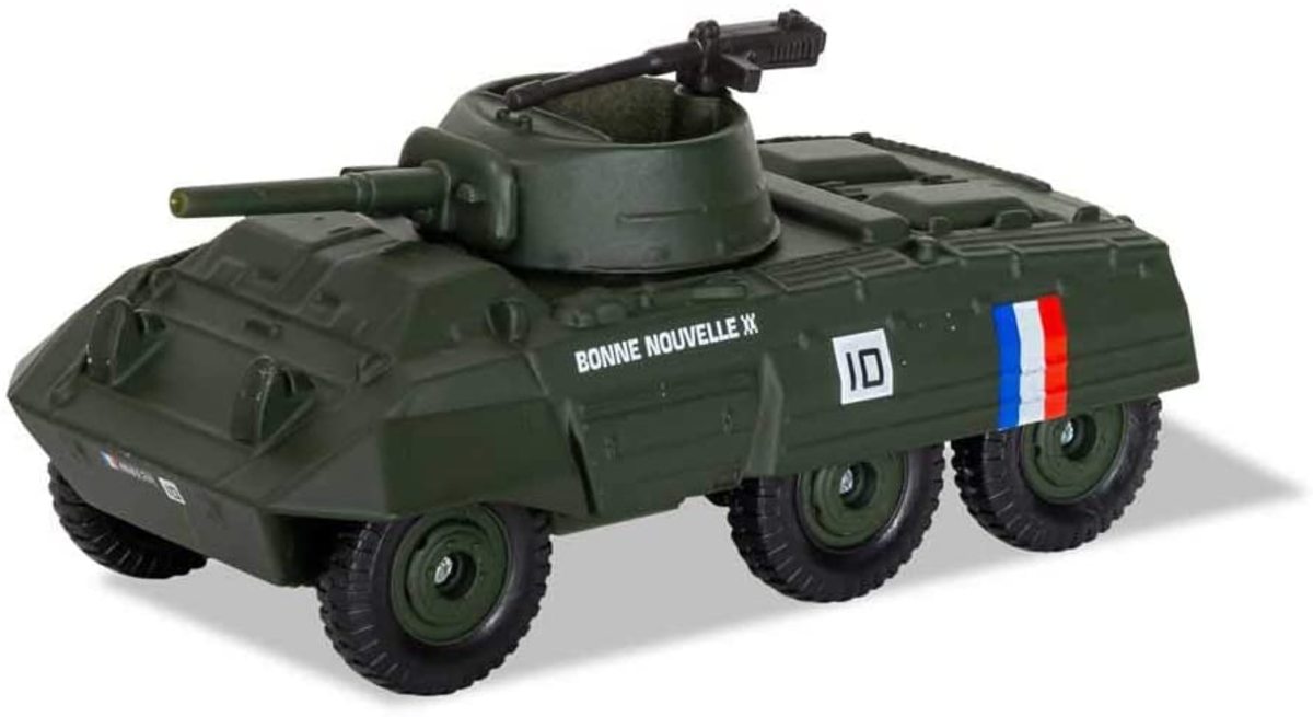 Corgi Diecast M8 Greyhound Armored Car WWII Military Legends in Miniature Fit The Box Scale currently sells for $12.99.