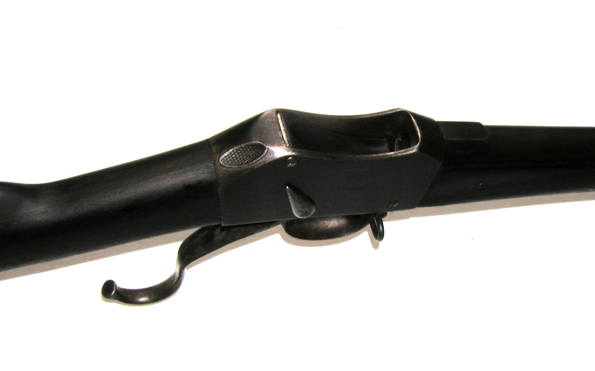 The classic rifle of the British Victorian era, a Martini Henry MkII. This example is dated 1878 and came from the former Royal Armouries in Nepal. The close-up shows the breech loading system of the Martini-Henry rifle.