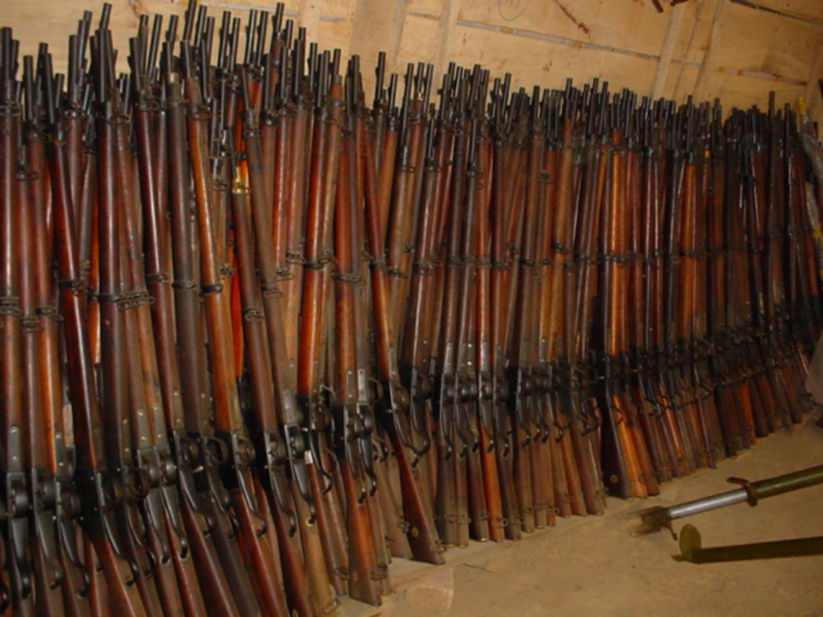 A large cache of so-called "Khyber Pass" Martini-Henry rifles. Tens of thousands of the rifles were produced and many remained in storage for decades.