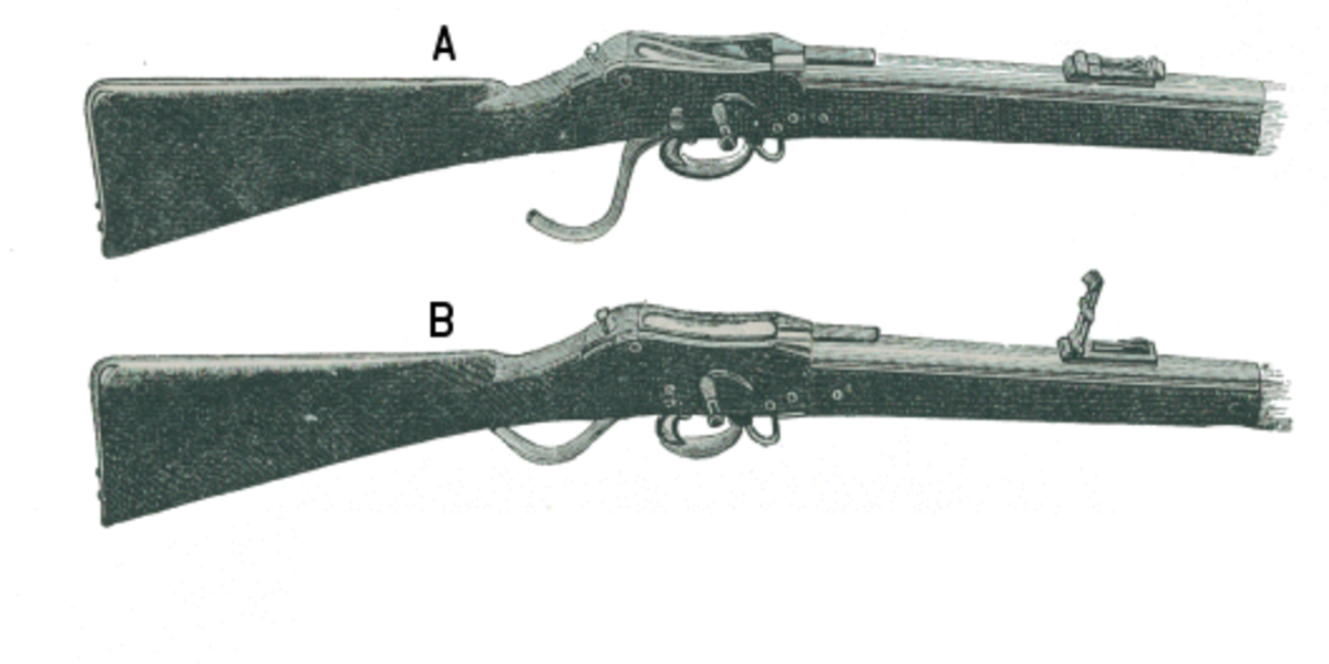 Martini–Henry rifle. A: ready for loading. B: loaded and ready to fire.