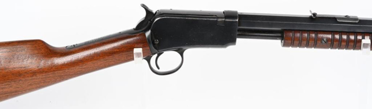 Rare high-condition Winchester 1890 .22-caliber long rifle, one of the last of this particular model to be built during WWII. Superior example in 95% or better condition, with near-mint stocks and bore.