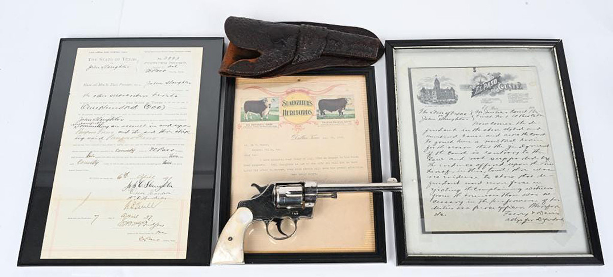 Colt .38-caliber revolver owned by legendary Texas Ranger, cowboy, poker player and rancher John Slaughter (1841-1922). Accompanied by factory letter indicating gun was shipped in 1904; plus 1890s letter on El Paso County letterhead regarding State of Texas vs John Slaughter, and 1902 correspondence on color letterhead depicting ‘Slaughter’s Hereford’ (cattle), Dallas, Texas.