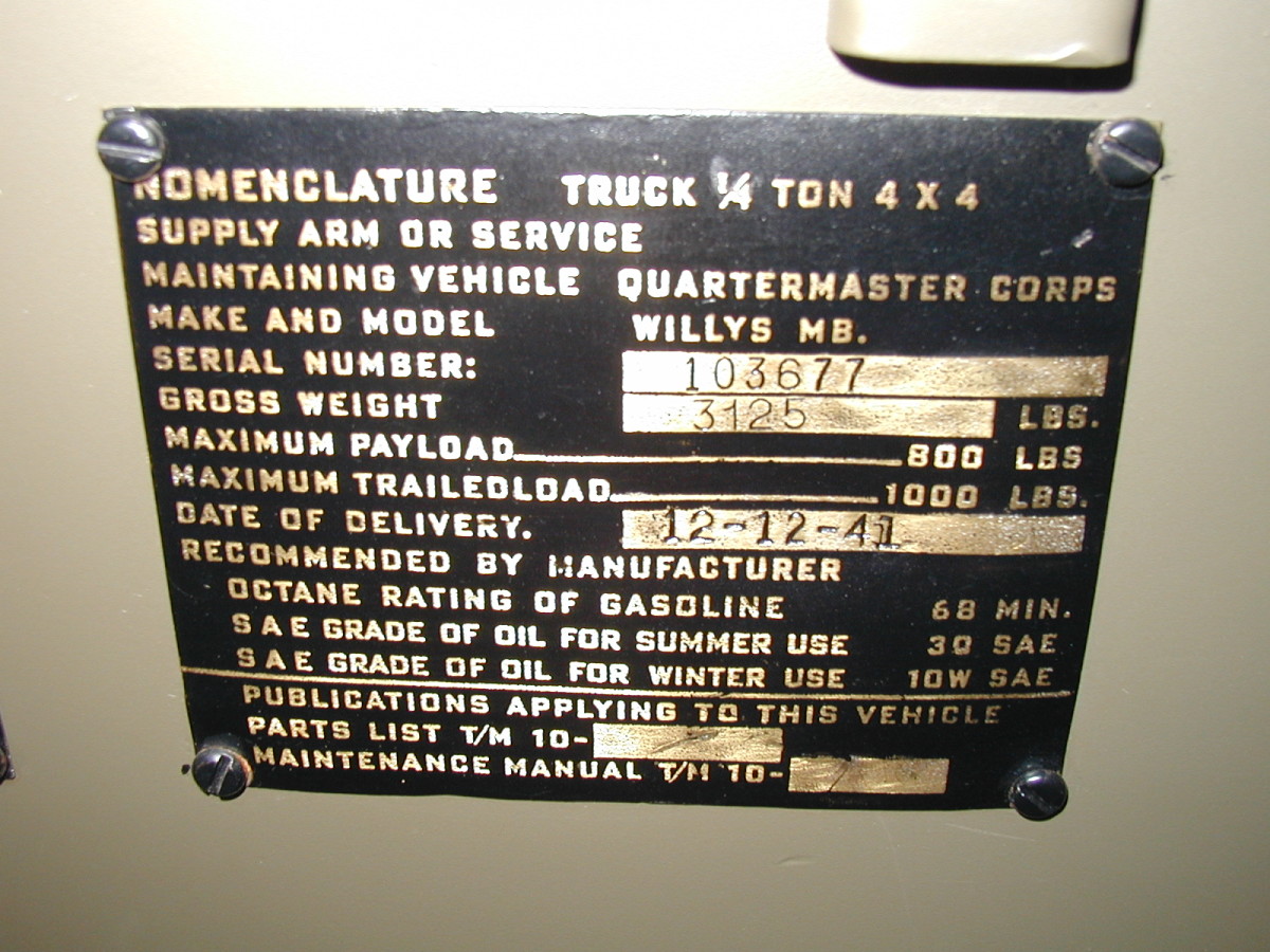 The early brass data plate indicates this jeep was delivered five days after Pearl Harbor.