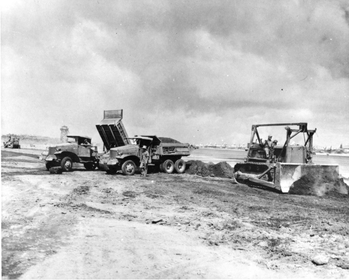 Seabees leveling an airfield on Iwo Jima, June 1945