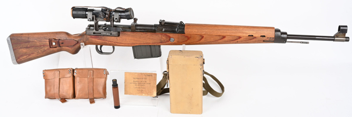 Walther World War II German K43 semiautomatic rifle, caliber 8X57, manufactured in 1945. Extremely fine condition, matching numbers. Accompanied by ZF4 scope and accessories. Sold near top of high estimate for $11,700