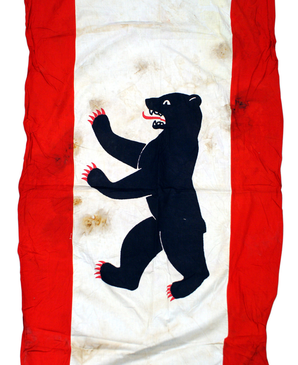 1936 Olympics Berlin Bear street banner measuring 73 inches by 31 inches, with the traditional black standing 23 inch by 12 ½ inch Berlin Bear occupying the center.