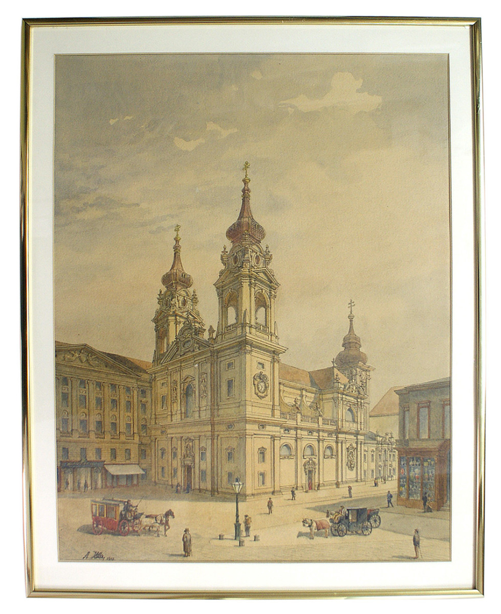 Adolf Hitler’s original watercolor painting of Schottenkirche on the Freyung (a part of old Vienna), signed “A. Hitler” lower right and dated “1910”. It surfaced in 1974