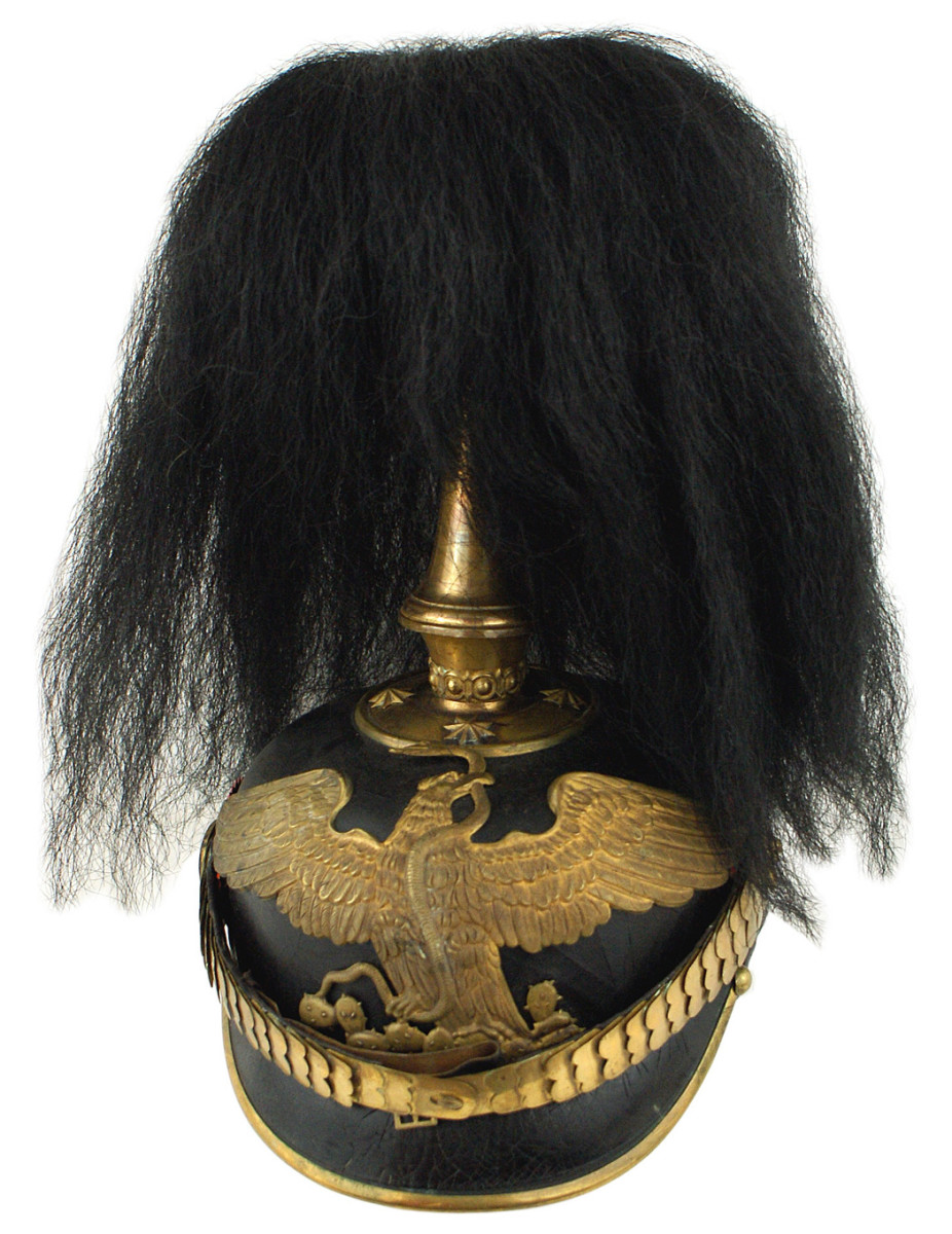 Mexican “Palace Guard” officer’s dress helmet – German-made in the classic style of the Imperial Era – a rare, circa 1900 helmet, with correct type Mexican colors rosettes.