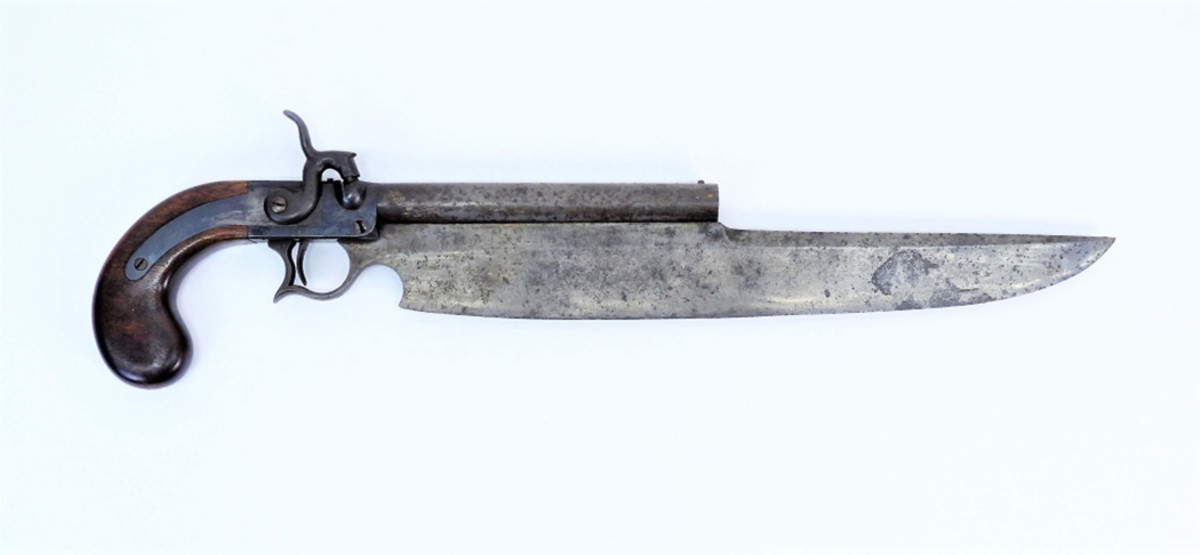 American-made .36 caliber Morrill, Mossman & Blair-type Elgin cutlass pistol, circa 1840, overall 18 ¼ inches long, with no serial numbers or markings.