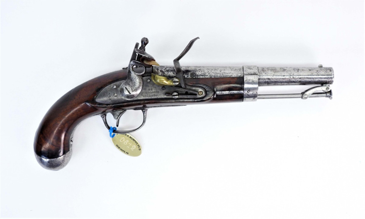 U.S. Naval pistol: Circa 1826 U.S. Model 1826 Special Navy contract pistol, one of only a few examples known, with a .59 bore and walnut stock, marked “U.S. /H. Deringer / Philada”