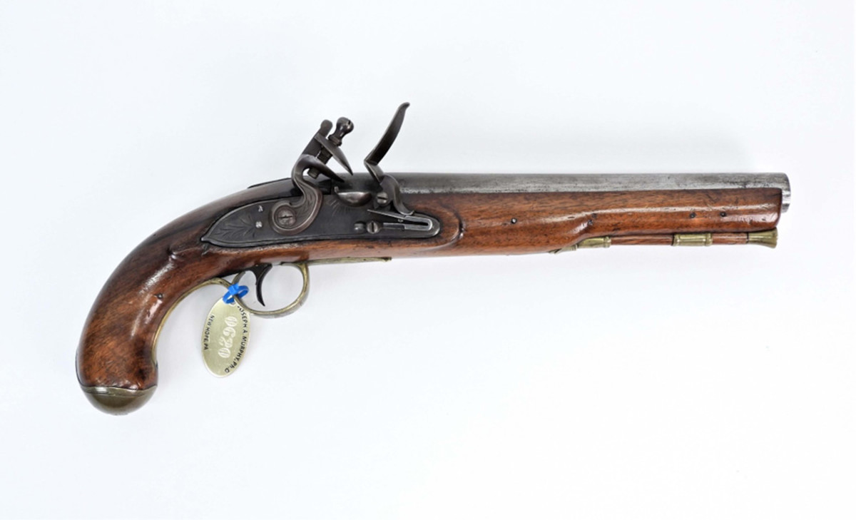 Tryon flintlock pistol: George W. Tryon martial flintlock pistol, .65 bore, made in the U.S. sometime between 1815 and 1830, 14 ¾ inches long and marked “Tryon/Philadelphia” on the breech.