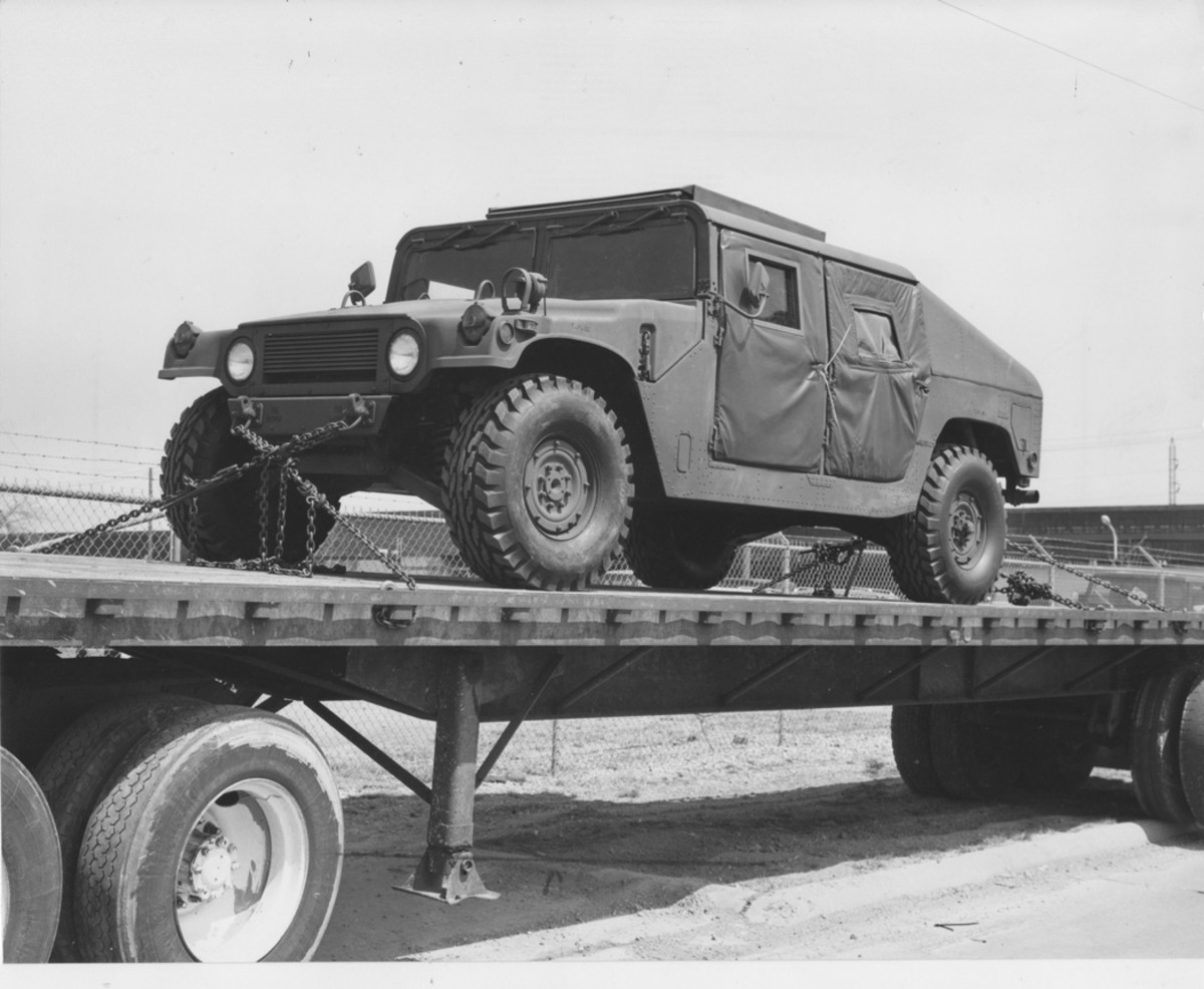 A prototype of the AM General HMMWV prepared for shipment to a test facility in 1982. Notice the grille design of this vehicle differs from that of production vehicles.