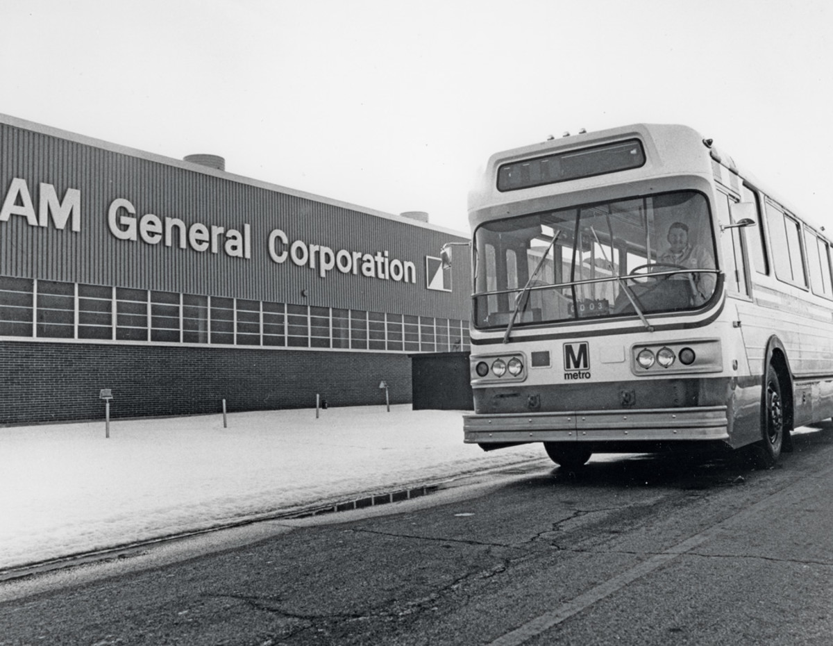 One of the first AM General-built buses for Washington’s Metro poses outside the Mishawaka plant. This bus is one of 620 buses on that initial order, which was at that time the largest single order for buses ever placed.