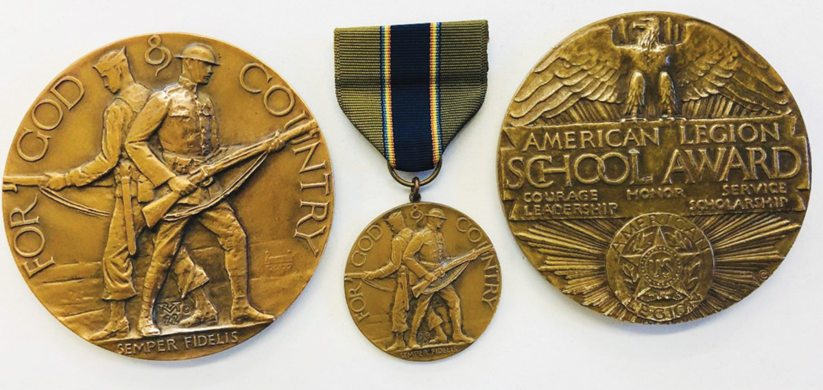The three views of the type 1 American Legion School Award include a view of the corresponding wearable medal with an American Legion membership ribbon.