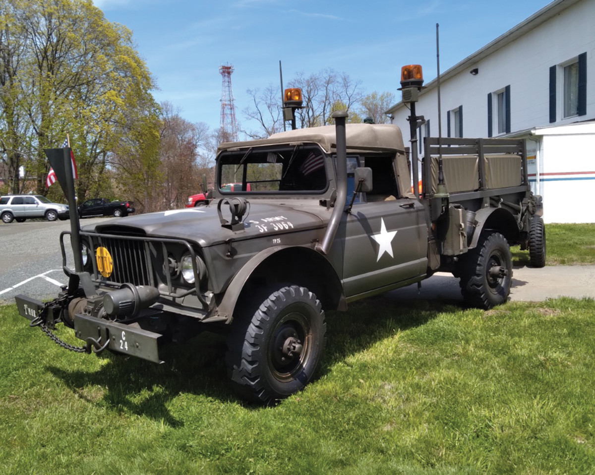 1967 Kaiser-Jeep weapons carrier/cargo truck. Owner: Rich Olson. Stamford, CT. -Restored by: Fred Carey. Used at veterans memorials, Legion flag services,  parades & re-enactments. Has optional water fording kit. (Vertical exhaust pipe removed.) Fun to drive! “I love this truck and so do others that see it.” Thanks.