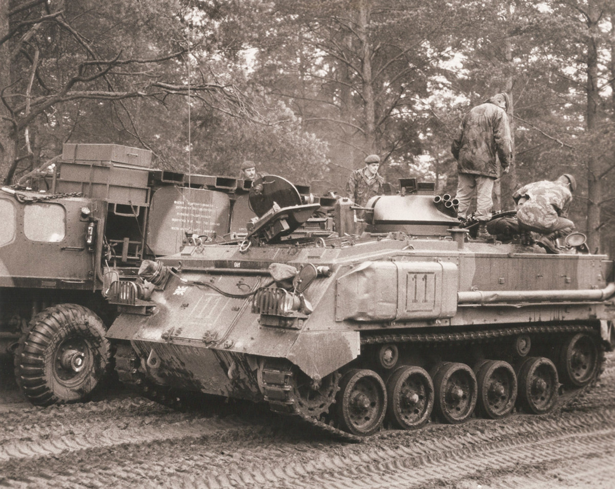 FV432 being used by 1st Battalion Welsh Guards in Soltau, West Germany in 1985. It is fitted with an armoured turret over the commander’s hatch and is equipped with a single GPMG and additional smoke grenade launchers and armoured  vision blocks.