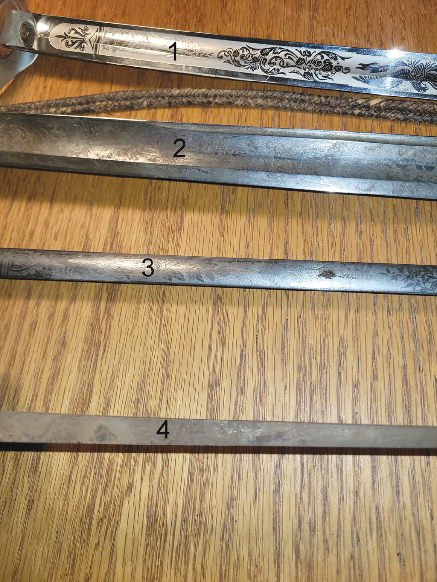 The author recently became the owner of these four swords that belonged to a friend. No. 1 is a WWI era M1902 sword; No. 2 is an 1950 Foot Officer’s sword; No. 3 is an 1840 medical officer sword; and No. 4 is a practice foil of unknown vintage.