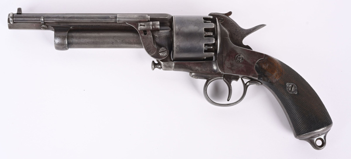 Rare LeMat Grapeshot revolver manufactured 1856-1865, Serial No. 1341, 9-shot .42-caliber percussion with secondary .63-caliber smooth-bore barrel capable of firing either buckshot or grapeshot. A recent discovery and very fine example of one of the most desired Confederate-used handguns of the Civil War.