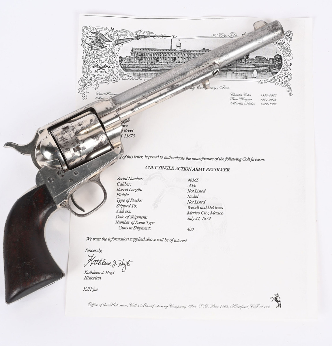 Factory-nickel Colt SAA (Single Action Army) .45-caliber revolver with 7½in barrel, Serial No. 46165, shipped in 1879 to Colt distributor Wexell & DeGress in Mexico City. Part of a 400-gun shipment ordered by Mexican government.