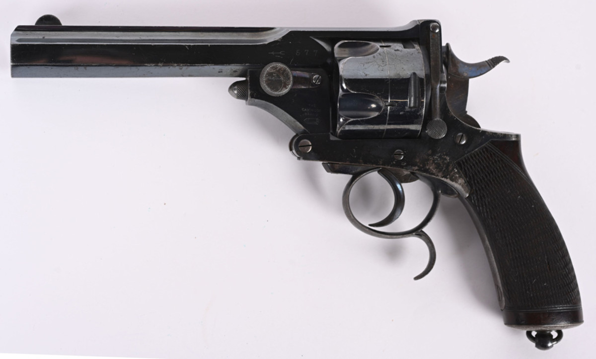 Massive .577-caliber Boxer Bland & Pryse revolver, Serial No. 1, manufactured circa 1890. Designed to protect against tigers and other maneaters in the British Empire’s colonies. Exceptional condition and the finest example Milestone Auctions’ specialists have seen in the past 40 years.