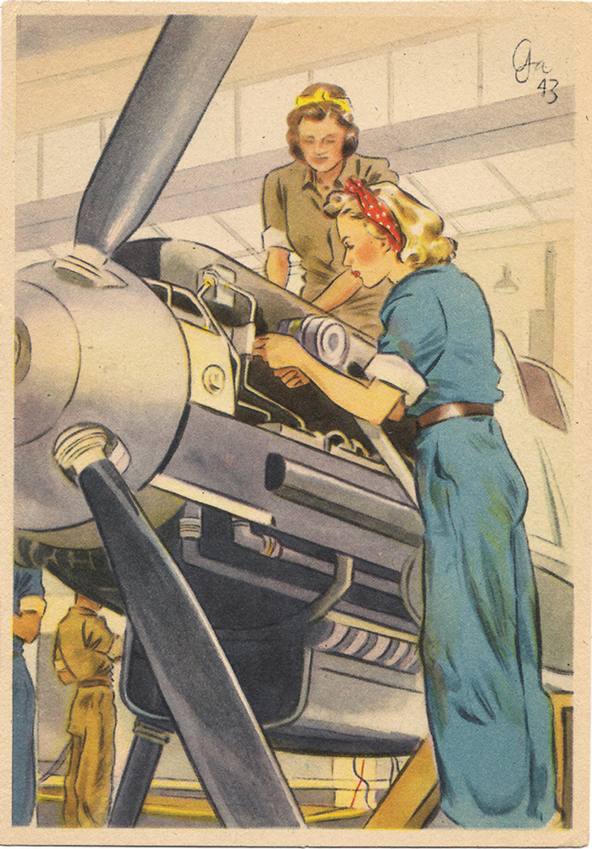 Support for the troops in the field is seen in this home front postcard of women working in an aircraft factory.