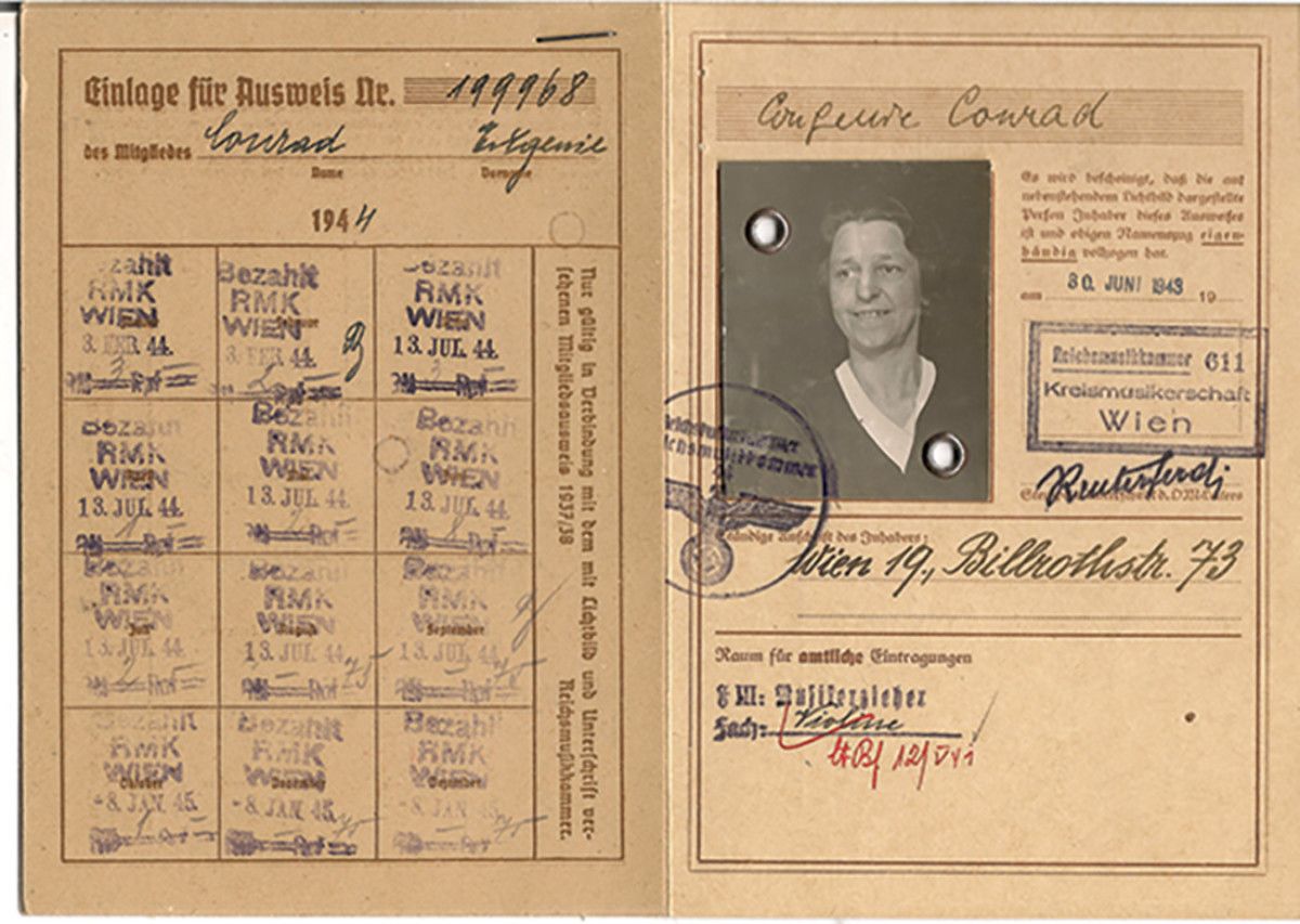 Hailing from Vienna, Eugenie Conrad identification card shows she was an active member of the Reichsmusikkammer (state music league).