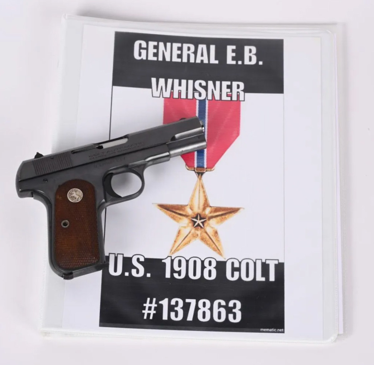 Colt Model 1908 .380 manufactured in 1945 and issued near the end of World War II to the late Brigadier General Emons Bertram Wisner, a career officer with the US Army Signal Corps. Sold within estimate for $5,880