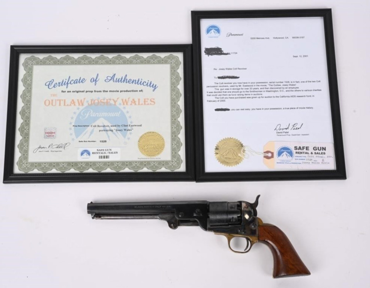 Replica Colt 1851 Navy .44-caliber gun used by Clint Eastwood in the classic Western film ‘The Outlaw, Josey Wales.’ Accompanied by two certificates from Paramount Studios identifying the gun by serial number and attesting to its having been used by Eastwood. Sold for $17,400 against an estimate of $5,000-$10,000