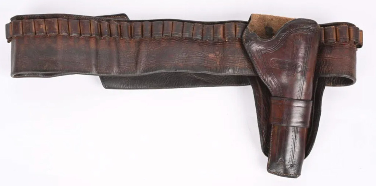 Rare 1880s J.S. Collins & Co. (Cheyenne, Wyo.), matching single-loop cartridge belt and holster to fit a Colt SAA revolver and either .44- or .45-caliber shells. Sold for $8,400 against an estimate of $3,500-$5,000