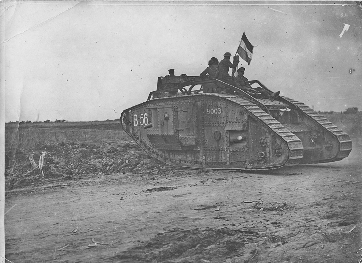 A Mk V tank, developed from the Mk IV and introduced into service in 1918. This is a vehicle of the 2nd Battalion of the Royal Tank Regiment as designated by the letter ‘B56’, seen here near Lamotte-en-Santerre on Aug. 8, 1918. The flag colors are brown, red and green, a regimental identification known to the troops as meaning “Through the mud, through the blood to the green fields beyond.”