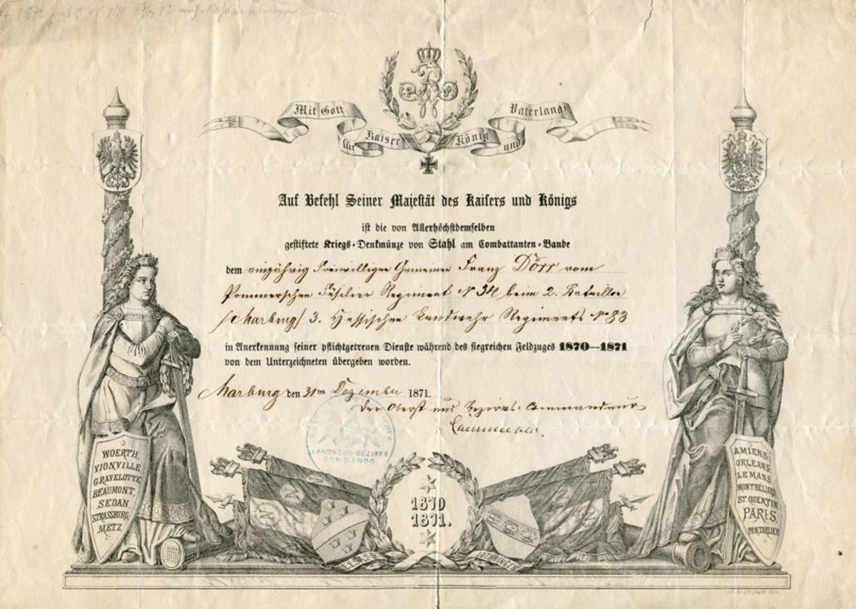 The certificate issued to the recipient of the war medal. It is full of symbolism towards ‘Fatherland’ and the Kaiser along with some  of the battle honors.